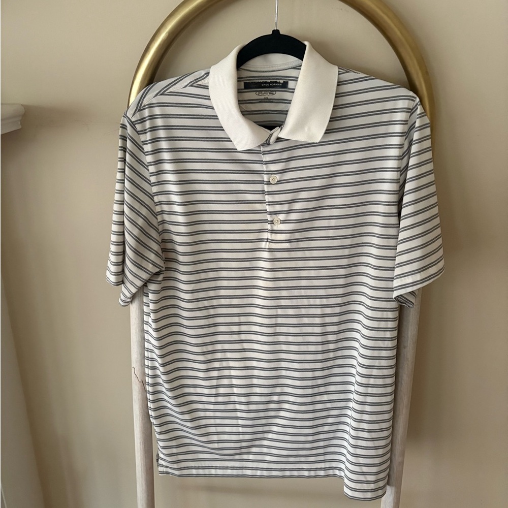 Greg Norman Collection White and Gray Striped Polo Shirt